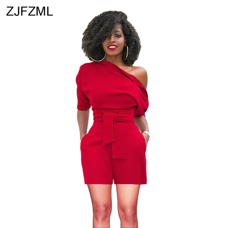 ZJFZML Solid Plus Size Rompers Womens Jumpsuit 2018 One Shoulder Short Sleeve One Piece Playsuit Elegant Sashes Short Bodysuits