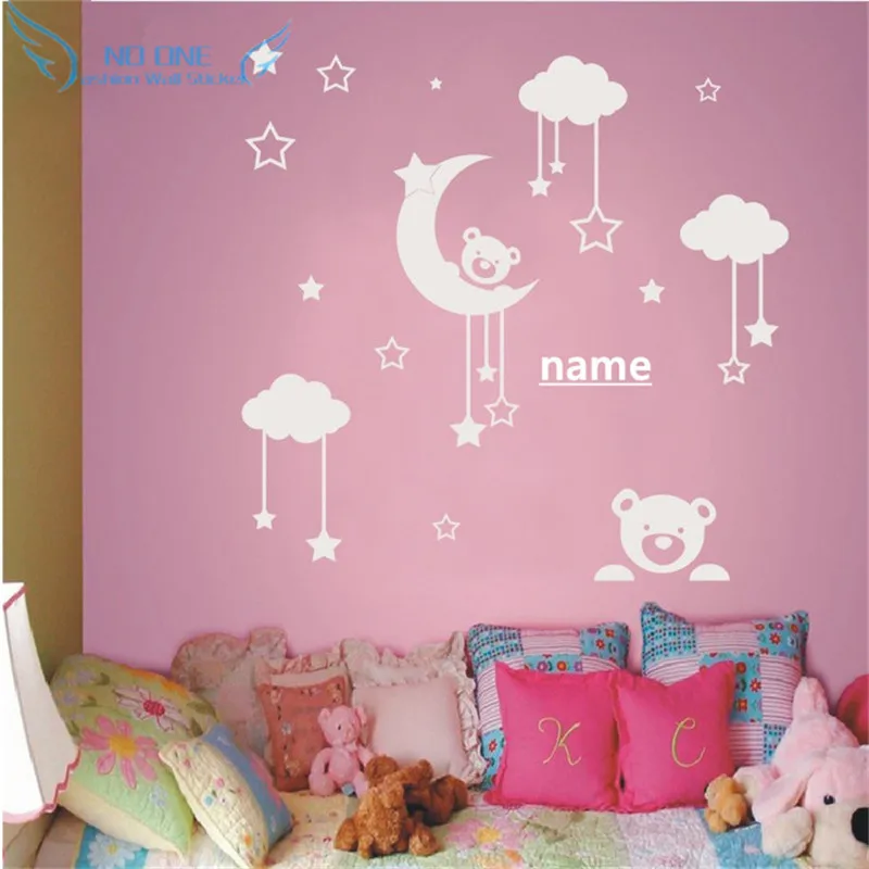 

Personalized name Cute Teddy Bear, Moon, Stars Wall Sticker Baby Bedroom Wall Art Decor Vinyl Decal Teddy Bear Baby Sleeping
