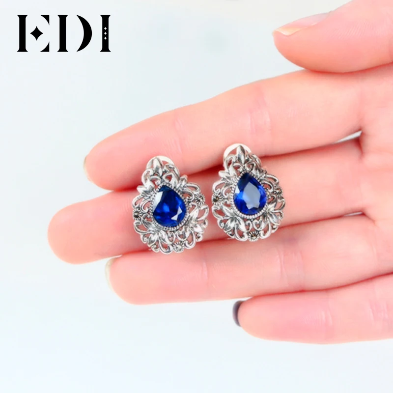 EDI Retro 925 Sterling Silver Flowers Inlaid Corundum Clip Earrings Vintage Authentic Sterling Silver Fine Jewelry for Women