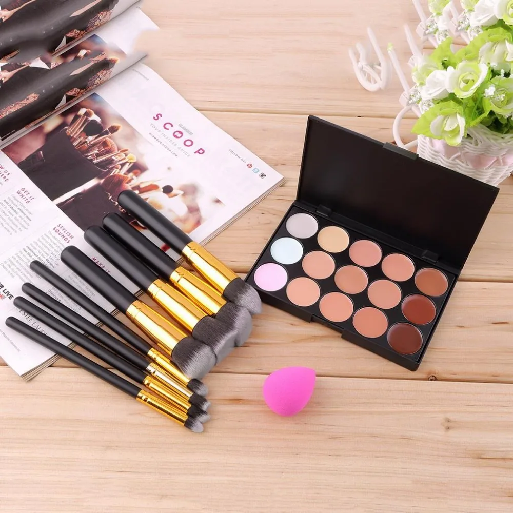 

Pro Makeup Set 15 Colors Concealer Contour Palette + 10pcs/8pcs Eye Makeup Brushes Tools + Sponge Puff Cosmetics Make Up Kit