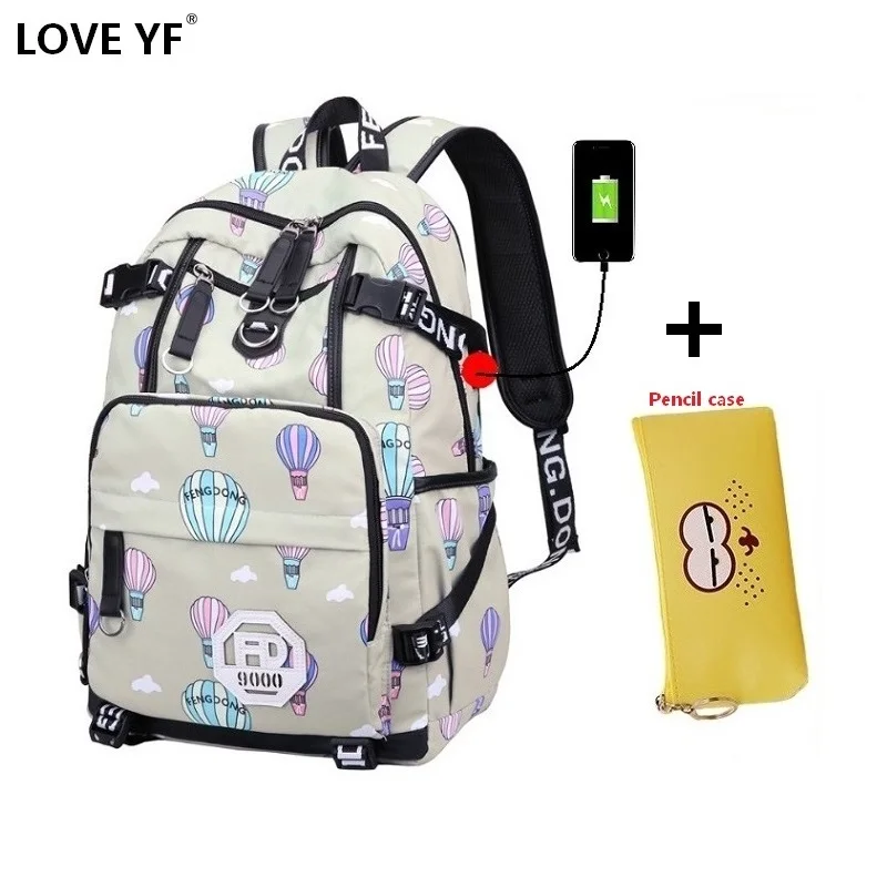 

High quality fashion school bag Waterproof nylon student backpack USB Charging jack Laptop backpack teen girls school bags