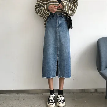

Streetwear Summer Denim Skirts Womens High Waist Split Pockets Jeans Skirt Plus Size Midi Skirt Ladies faldas mujer jupe
