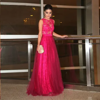 

2017 Fuchsia Lace Applique A-Line Tulle Prom Dresses Transparent Back Party Gowns Vestidos de Fiesta Pageant Dresses for Women