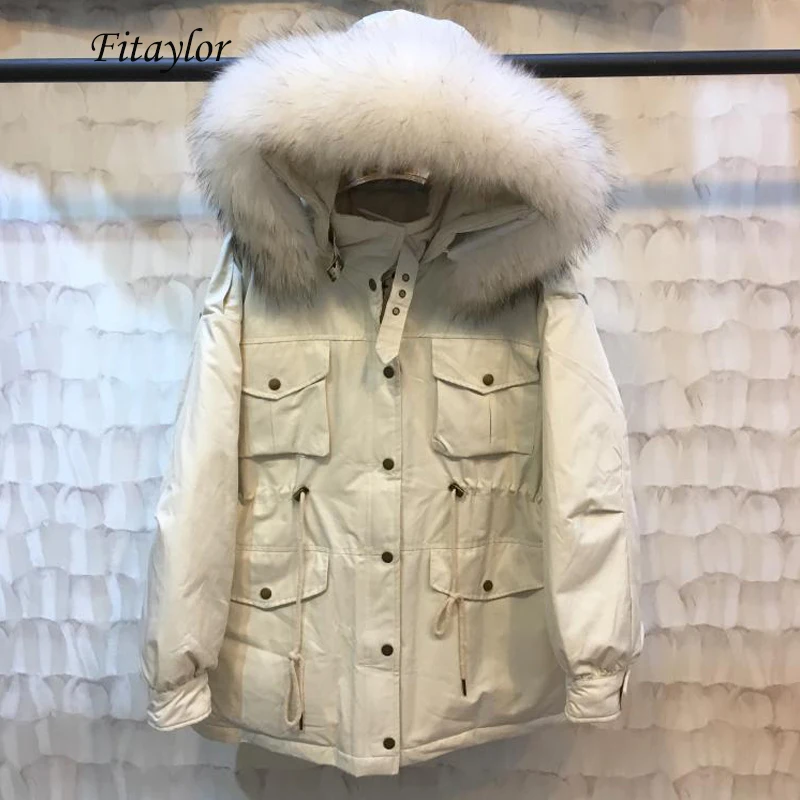 Fitaylor, зимний женский теплый пуховик с капюшоном, пальто, 90% белый утиный пух, парка, большой воротник из меха енота, уличная одежда, пуховик
