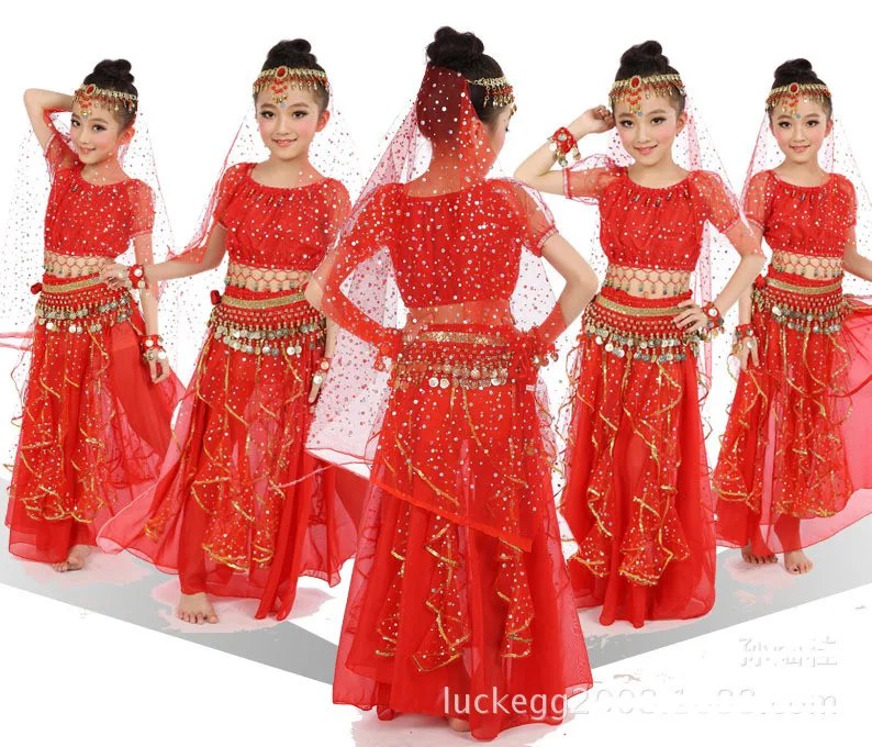 Болливудские танцевальные костюмы с короткими рукавами для девочек, одежда для танца живота, индийские танцевальные костюмы, детская Восточная одежда, 6 шт./компл