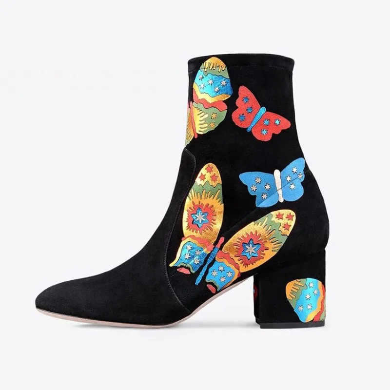 

Ladies Hot Printed Multicolor Butterfly Ankle Boots Street Fashion Women Chunky High Heels Female Suede leather Botte Shoes