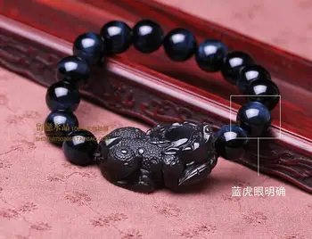 

Free shipping AAA++ genuine natural Blue Tiger Eye bracelet with Obsidian brave men fashion crystal jewelry 12mm free shipping