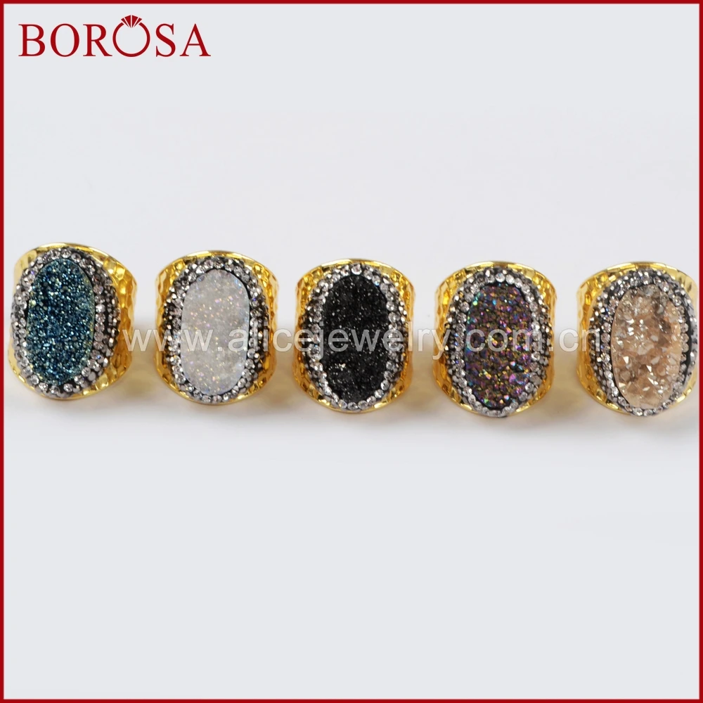 

BOROSA Oval Shape Rainbow Titanium Druzy Ring,Electroplated Gold Band Ring Nature Quartz Stone Drusy Rings for Women JAB757