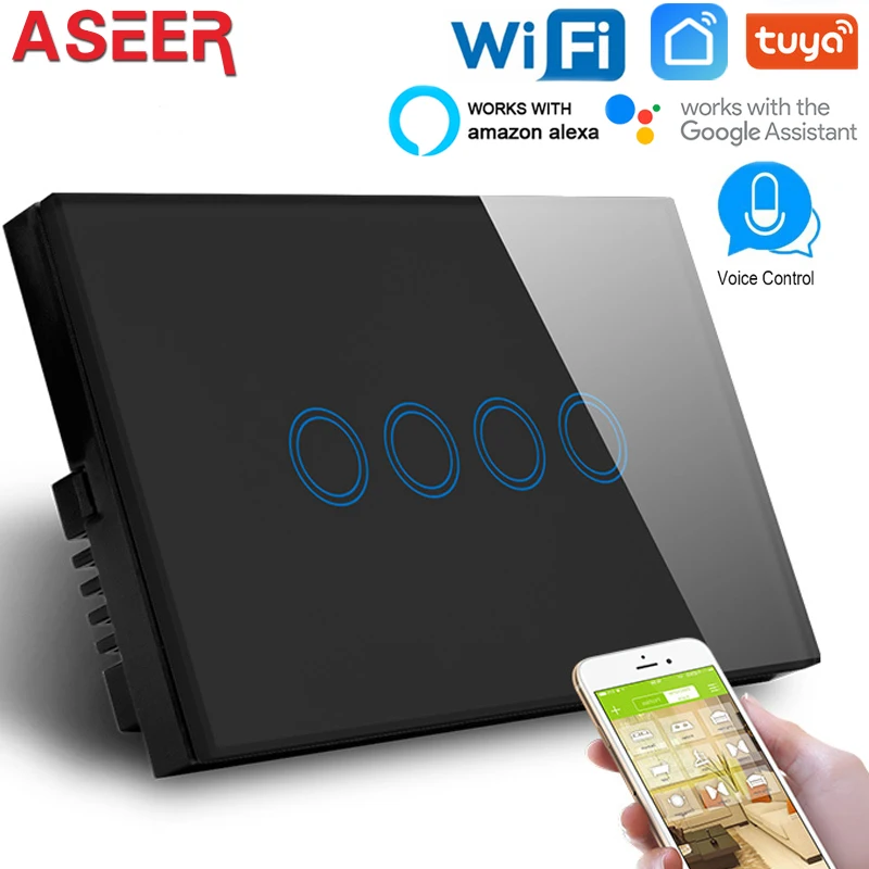 ASEER Smart Life Tuya 4 банда Wi-Fi светильник переключатель, AU/US беспроводные интеллектуальные Настенные переключатели совместимый с Alexa и Google Assistant