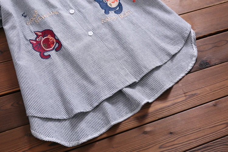 Японская весенне-осенняя женская блузка с аниме, синяя, серая, в полоску, с мультяшной вышивкой, женская блузка с длинным рукавом, элегантная, кавайная рубашка, Топ