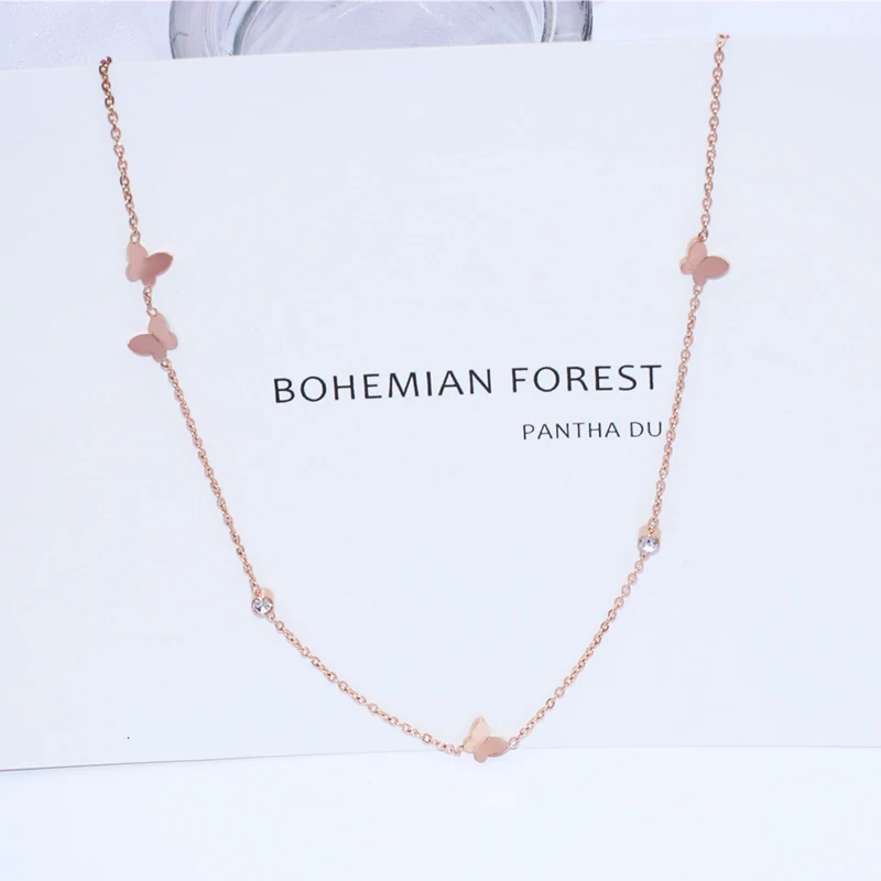 YUN RUO New Arrival Rose Gold Color Fashion Crystal Butterfly Chain Necklace Titanium Steel Jewelry Woman Gift Never Fade