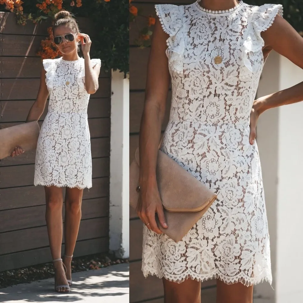 

Women Floral Lace Fashion Dress Short Petal Sleeve Simple& Noble Solid White Summer O-neck Beautiful Sweet and Sexy Dress