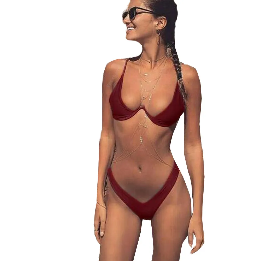

Women Bikini Gather steel plate with chest pad Manual Push-Up Padded Bra Beach Solid Bikini Set Swimsuit Casual Swimwear #YL5