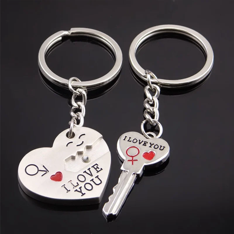 

Fashion Heart Key Chain Silver Color Lovers Love Key Ring Valentine's Day Gift 1 Pair Couple I LOVE YOU Letter Keychain Jewelry