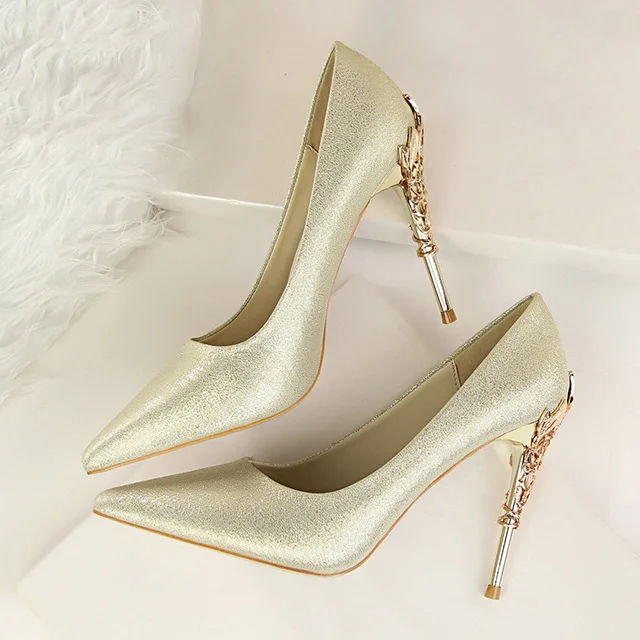 LAKESHI/туфли с металлическими резными каблуками, женские туфли-лодочки, однотонные элегантные туфли на высоком каблуке, модные свадебные туфли, женские туфли на высоком каблуке 10 см - Цвет: Золотой