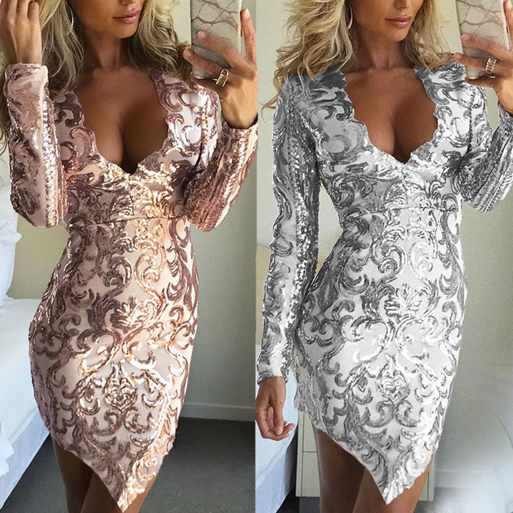 

Women Dress Sequin Long Sleeve V Neck Bodycon Party Irregular Mini Dress woman party night dresses Robe de femme
