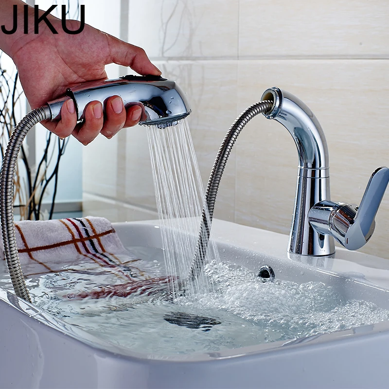 

JIKU Basin Faucet Pull Out White Face Single Holder Single Hole Mounted Sink Taps Cold AndHot Mixer for Bathroom Black Basin Tap
