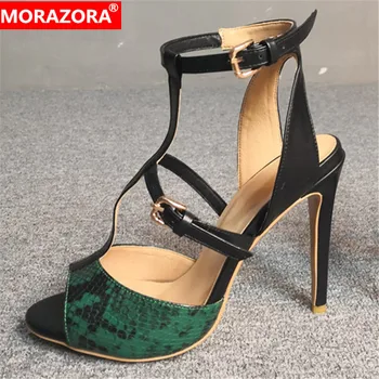

MORAZORA 2018 big size 47 women sandals pu open toe thin high heels shoes buckle summer sandals sexy party prom shoes woman