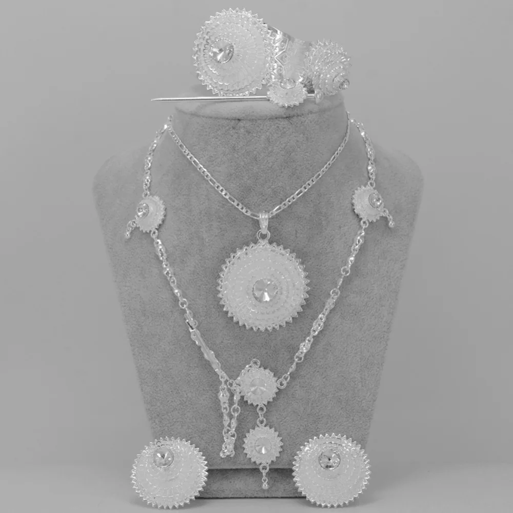 

Anniyo Bright Plated Silver Ethiopian Jewelry sets White Stone & Hair Piece Wedding Bride Habesha sets African Items #001317