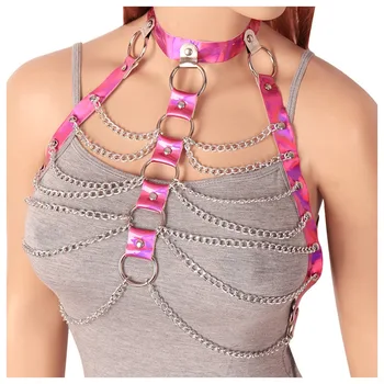 

Hot Pink Harness Leather Chain Metal Straps Lingerie Punk Pastel Goth Art Dance Party Rave Hollow Out Cage Women Bra Adjustable