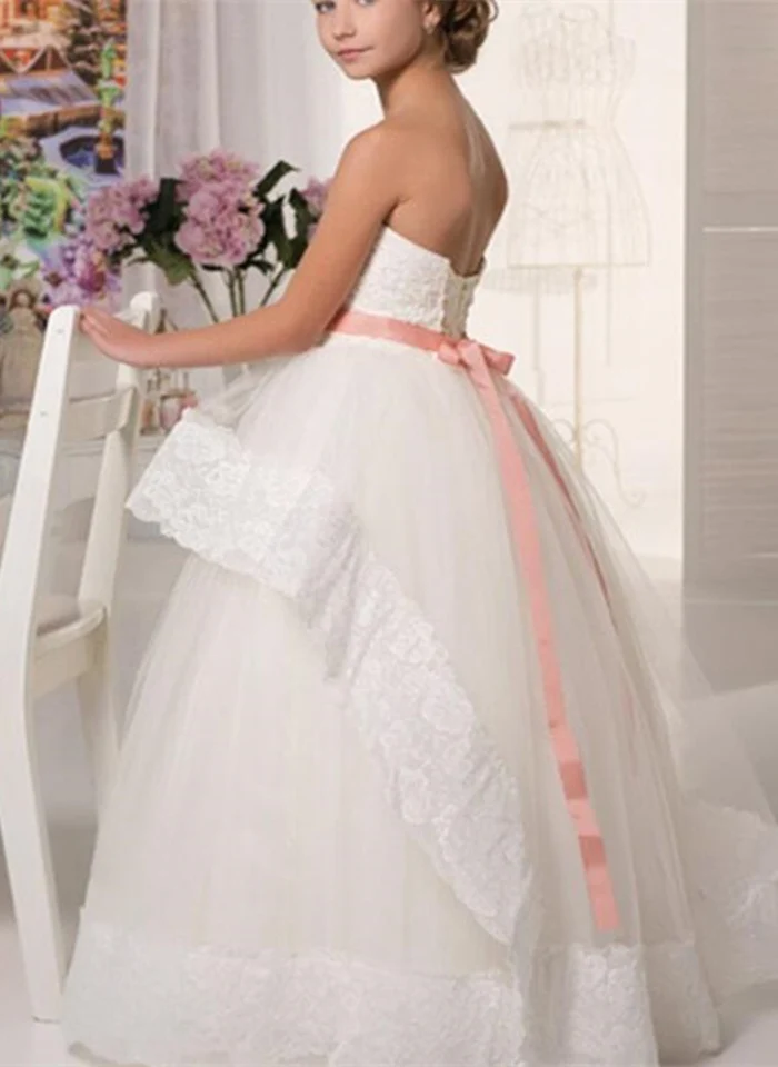 Кружевные Платья с цветочным узором для девочек для свадьбы Холтер белый цвета слоновой кости бисерный с поясом, длиной до пола платье для