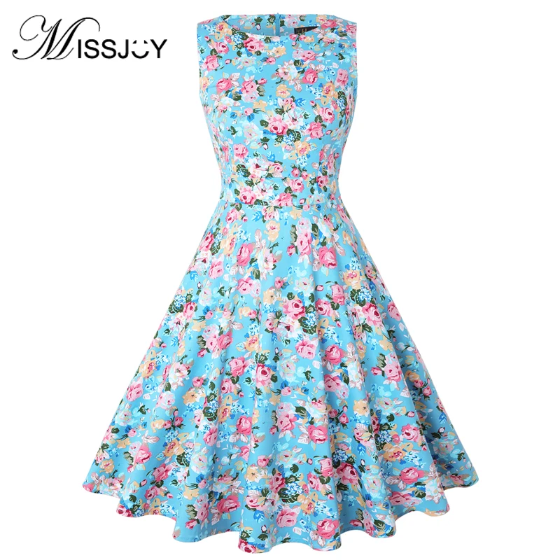 

MISSJOY Plus Size 3XL 2018 Summer Women Dress Vintage print sleeveless O-Neck elegant Rockabill Vestidos a-line party dress