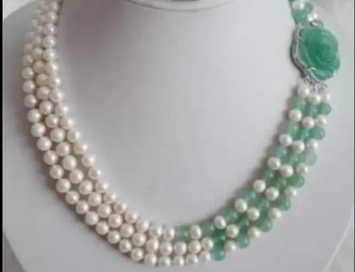 

New White Akoya Pearl Natural Emerald Necklace 18K GP style Fine jewe Noble Natural jade fast SHIPPING