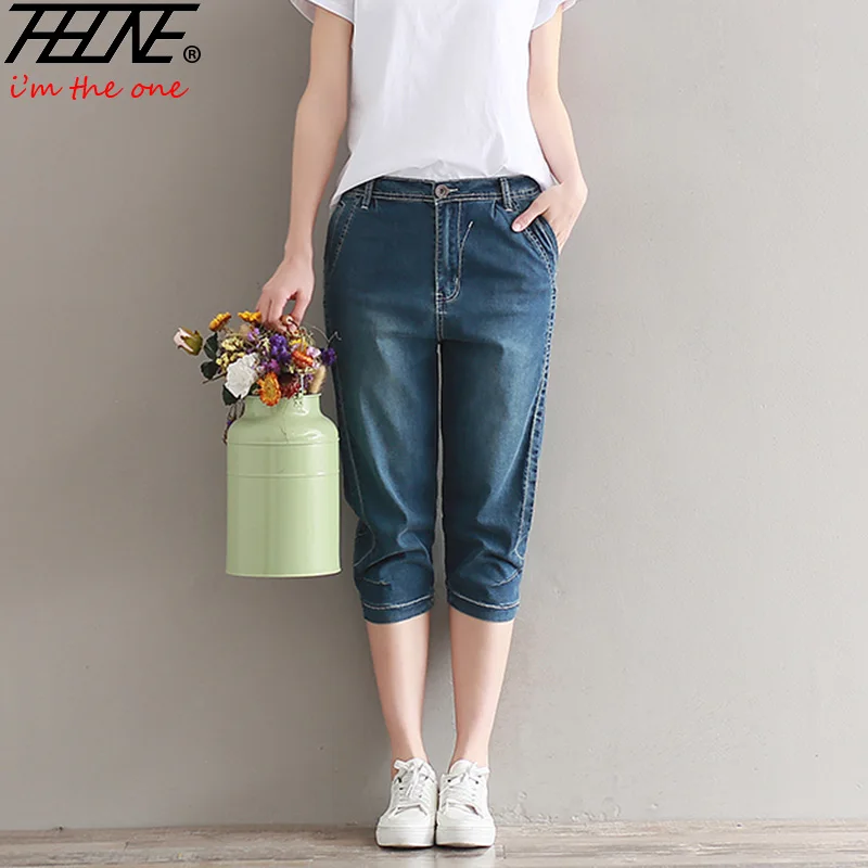 

THHONE Plus Size Jeans Women Harem Pants Denim Knee Length Trousers Loose Stretch Mid Waist Casual Vaqueros Fashion Jeans