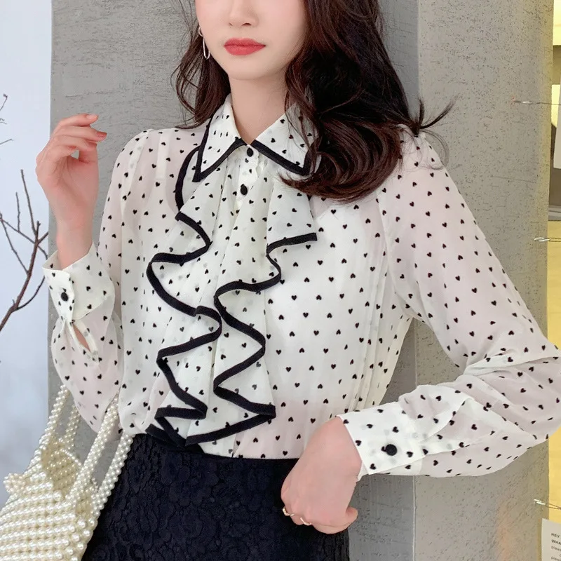 

Spring New 2019 Women White Point Chiffon Net Red Shirt & Blouses Feminine Ruffles Long Sleeve Tops & Blousas Feminina