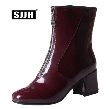 

SJJH Women Patent Leather Mid-Calf Boots with Square Toe Zipper Short Plush Chelsea Boots Fashion Casual Shoes Large Size A931
