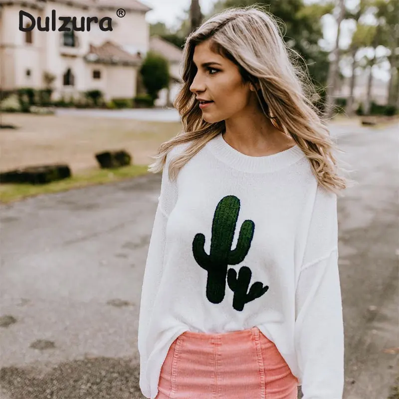 

2019 New Funny Cactus Print Knitted Sweaters Women Autumn Chic O-Neck Sweet Jumper Tops Mujer Casual Solid Pull Pullovers Femme