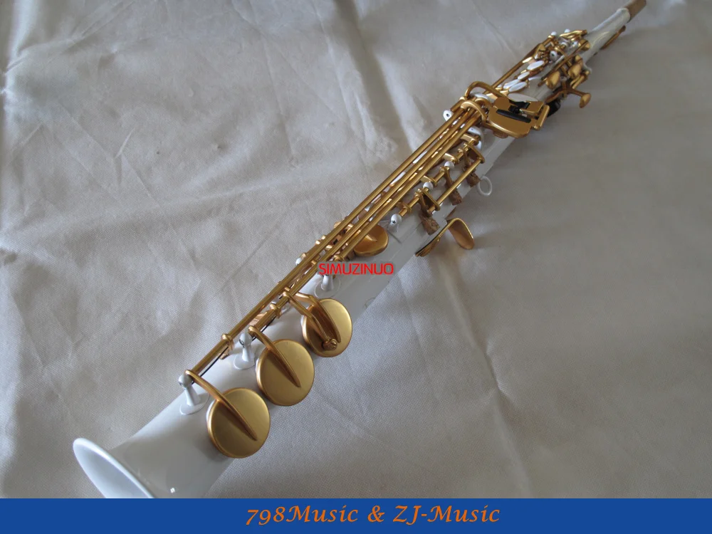 

White Lacquer Body and Lacquer Gold Keys Straight Soprano Saxophone Sax White Shell Key High F# G Free Case