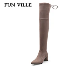 FUN VILLE 2017 new Elegant style winter Woman Over the Knee Boots Flock Square Heel ladies botas Shoes Pointed Toe Size 34-43