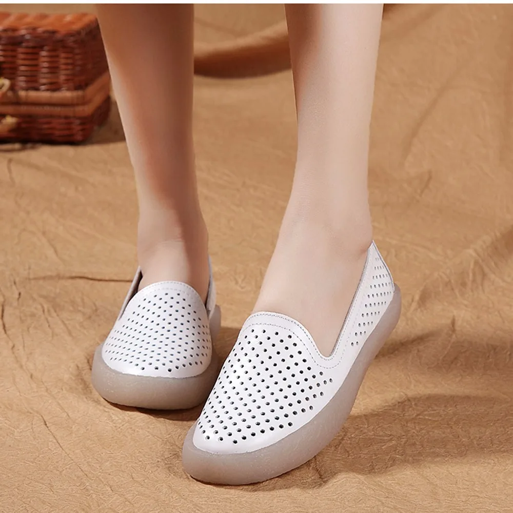 

Women's Genuine Cow Leather Flats Spring Autumn Casual Sapato Feminino Comfortable Round-Toe Shallow Hollow Shoes For Women 2018