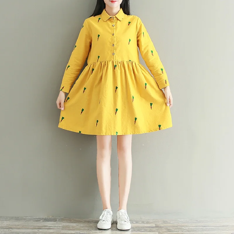 

Preppy Style Spring Autumn Women Mini Dress Turn Down Collar Carrots Print Female Vestidos Full Sleeve Yellow Lovely Dress M-2XL