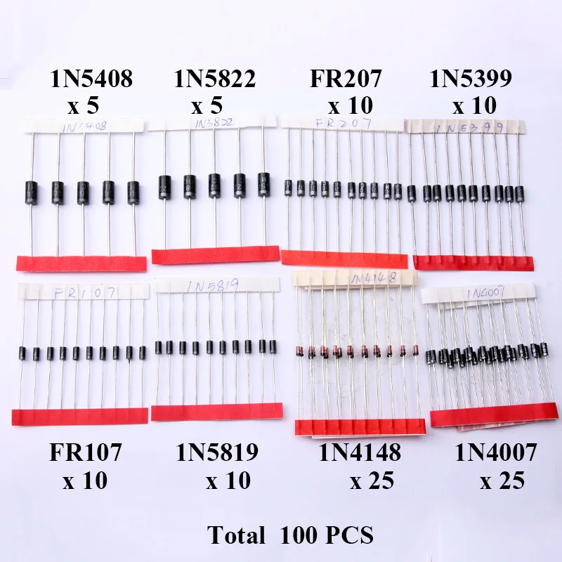 

Glyduino 140PCS/Lot Commonly Used 1N4007 1N4148 1N5819 1N5408 FR107 FR207 1N5399 SR360 Diode Assorted Kit for Arduino DIY