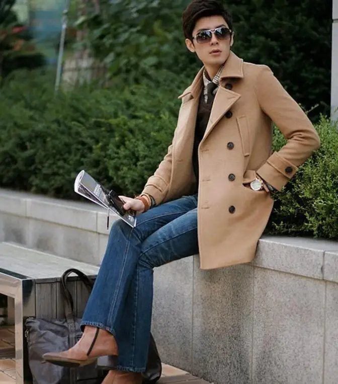 Мужское длинное пальто мужское корейское Мужское пальто двубортное шерстяное пальто Мужская льняная куртка хаки черный/S-3XL