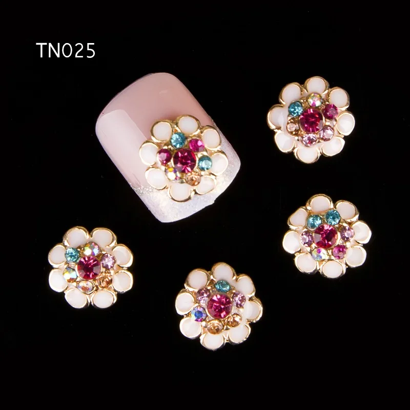 

10 Pcs/Lot Flower Design With Crystal Strass Nail Art Tools Colorful Rhinestones Decorations Gold Alloy Manicure TN025 TN026