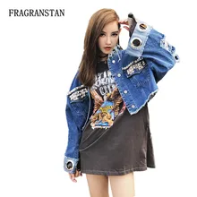 Женский Демисезонный модные Свободные отверстия выдалбливают пикантные Короткие Джинсы Топ Для женщин Повседневное потертые заклепки спинки в стиле панк пальто jq124