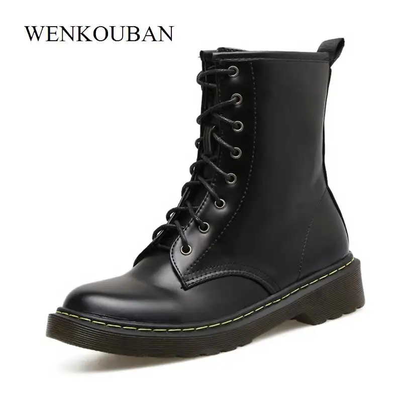 

Motorcycle Boots Women Leather Snow Boots Waterproof Winter Shoes Rubber Ankle Boots Women Platform Shoes Lace Up Botas Mujer