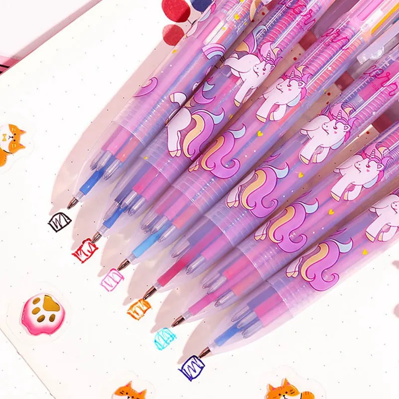 

1pc Cute Kawaii Cartoon Animal Unicorn Press Ballpoint Pen 6-color Ball Pen Multi-Colored Stylo For Kids School Stationery Gift
