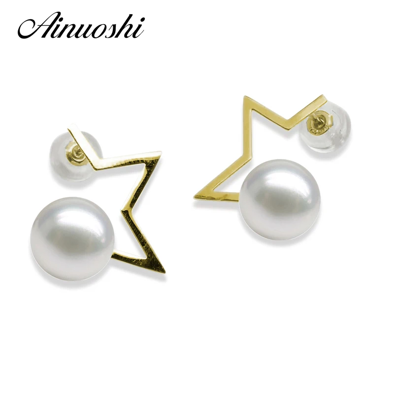 

AINUOSHI 18K Yellow Gold Five Stars Shaped Women Earring Natural Freshwater White Pearl 7.5-8mm Round Pearl Anniversary Earrings