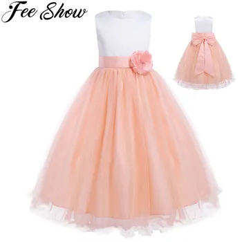 

4-14Y Toddle Girl Mesh Sleeveless Flower Girl Dress tulle with Detachable Bowknot christmas dress plus size 12 14Years Turquoise