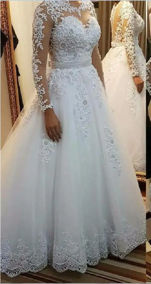 Длинное платье Элегантное Vestido De Noiva с длинными рукавами горячее платье новые винтажные кружевные аппликации свадебное платье с жемчугом