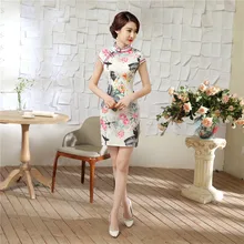 Hot Sale Chinese Women Summer Traditional Dresses Vintage Satin Short Qipao Novelty Print Cheongsam Tops S M L XL XXL LGD54