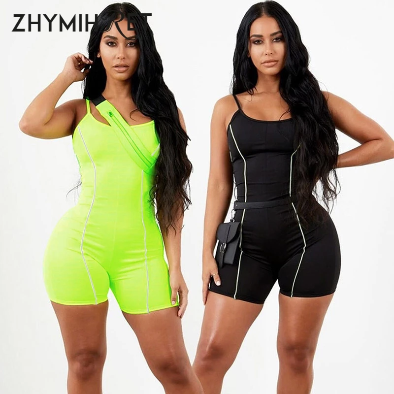 

ZHYMIHRET Fashion Reflective Strip Playsuit Women Spaghetti Body Mujer Neon Green Body Femme Summer Bodycon Jumpsuit