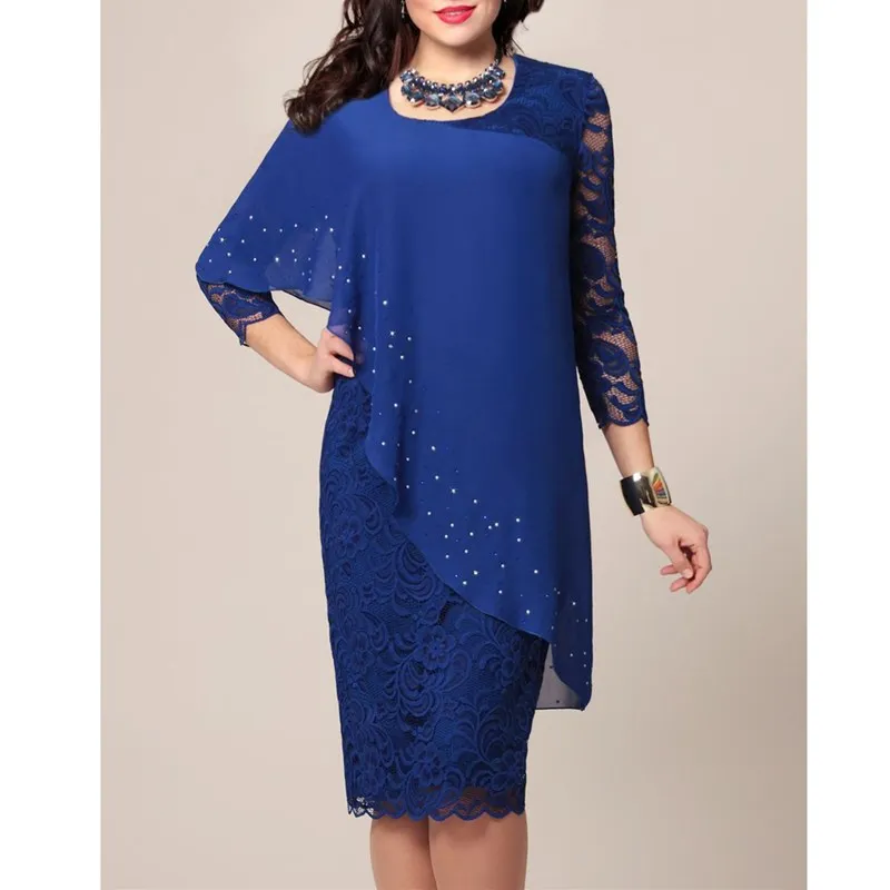 

Women Elegant Sequins Casual Dress Lace 3/4 Sleeve Summer Dress O Neck Irregular Office Dress
