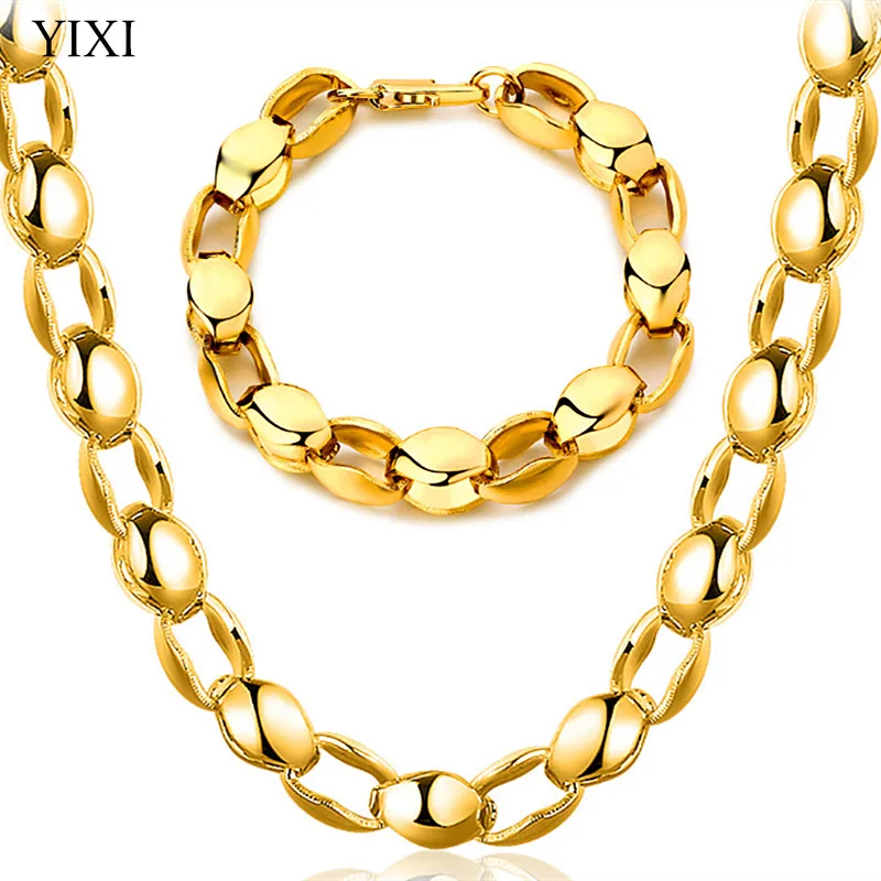 YIXI Trendy Men Curb Cuban Link Chain Necklace Bracelet Boys Mens Fashion Gold Color Copper Ethiopian Mexico Male Jewelry Set | Украшения и