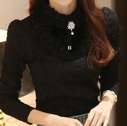 

2019 Autumn Winter Women's Velvet Wool Blouses Plus Size XXXL Ladies Basic Lace Ruffles Shirts Ladies Long-Sleeve Casual Blouses