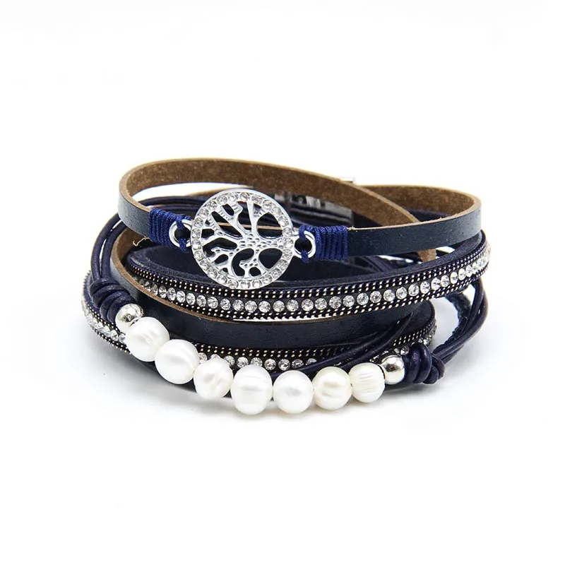 ZG Multiple Layers Punk Leather Bracelet For Men& Women Tree of Life jewelry Pearl Rhinestone Braid Charms Bracelets femme - Окраска металла: blue